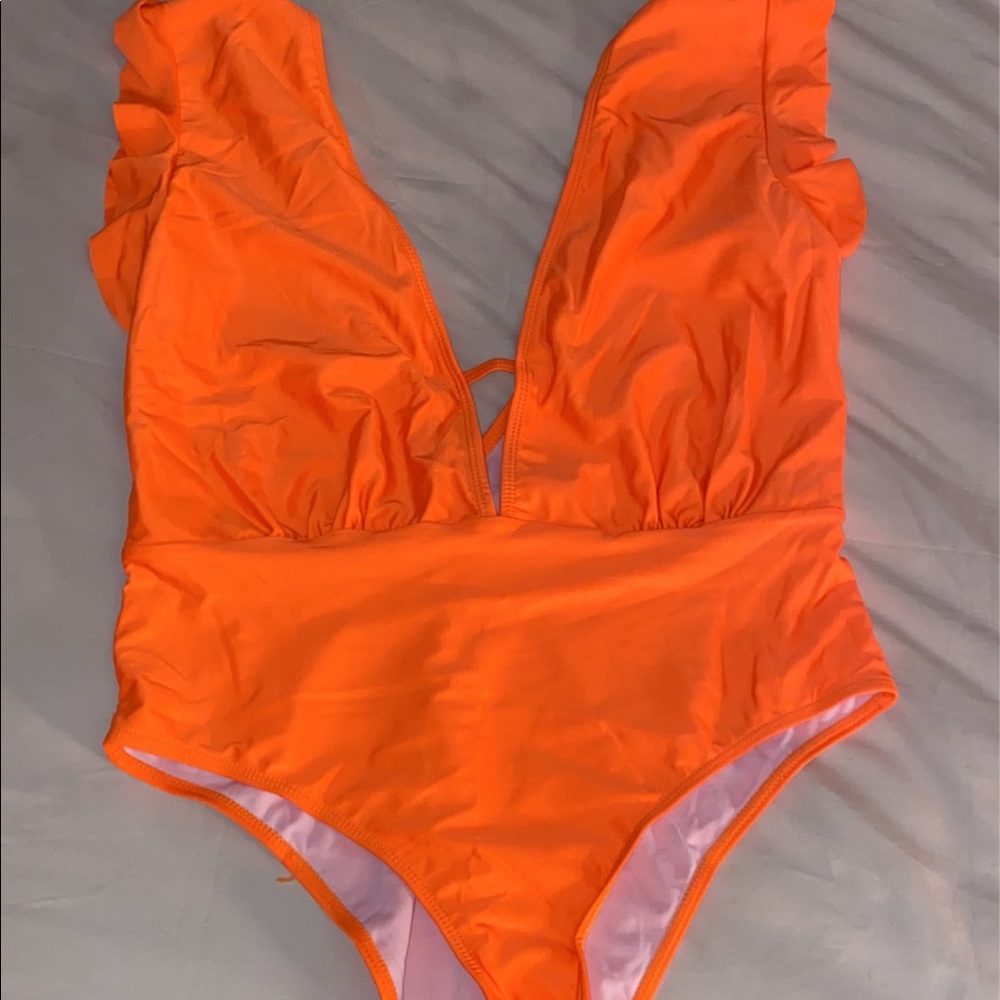 Neon orange low cut one piece